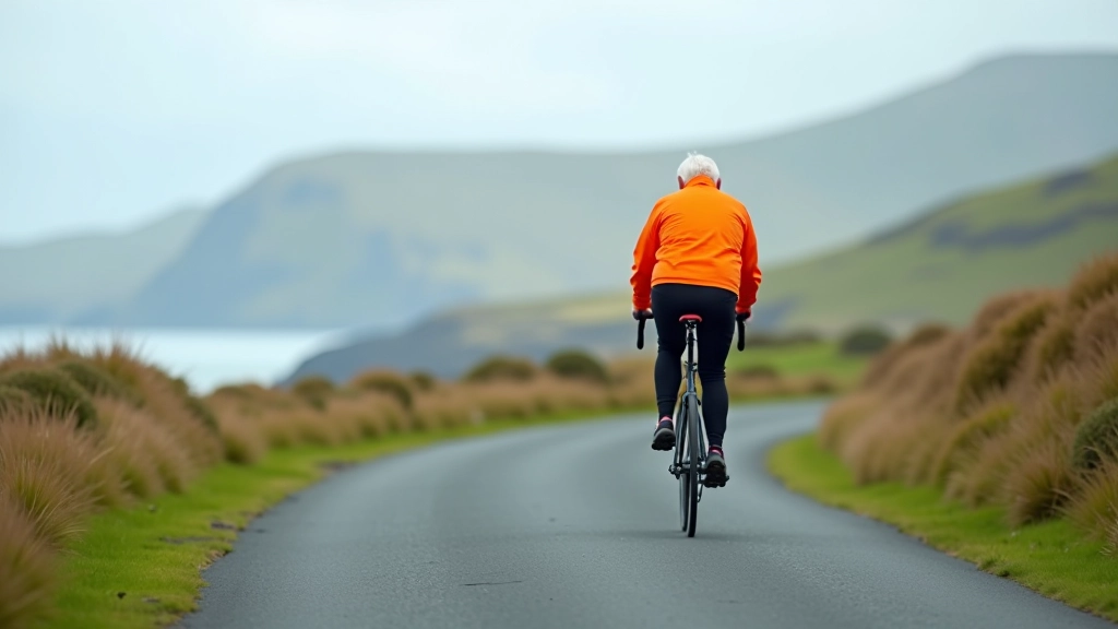 Cyclist wearing vibrant orange cycling jacket on coastal road