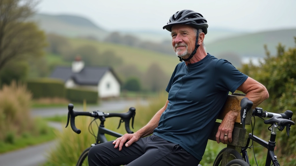 Mature cyclist in casual cycling clothing resting on bench with bicycle nearby, rural coastal village background, relaxed posture