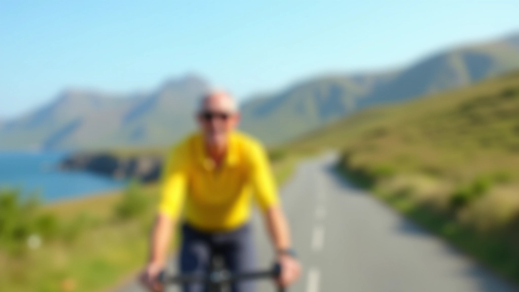 Cyclist riding on coastal road with mountains visible in distance, clear blue sky, mature rider on touring bike