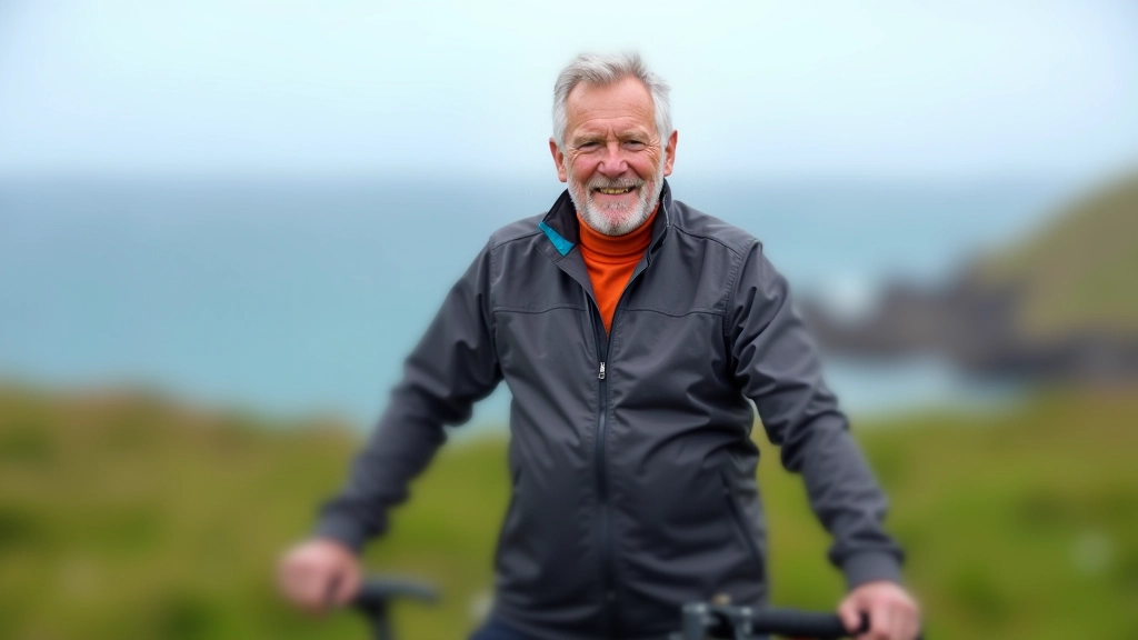 Cyclist wearing layered cycling clothing including waterproof jacket, standing with bike in front of coastal view