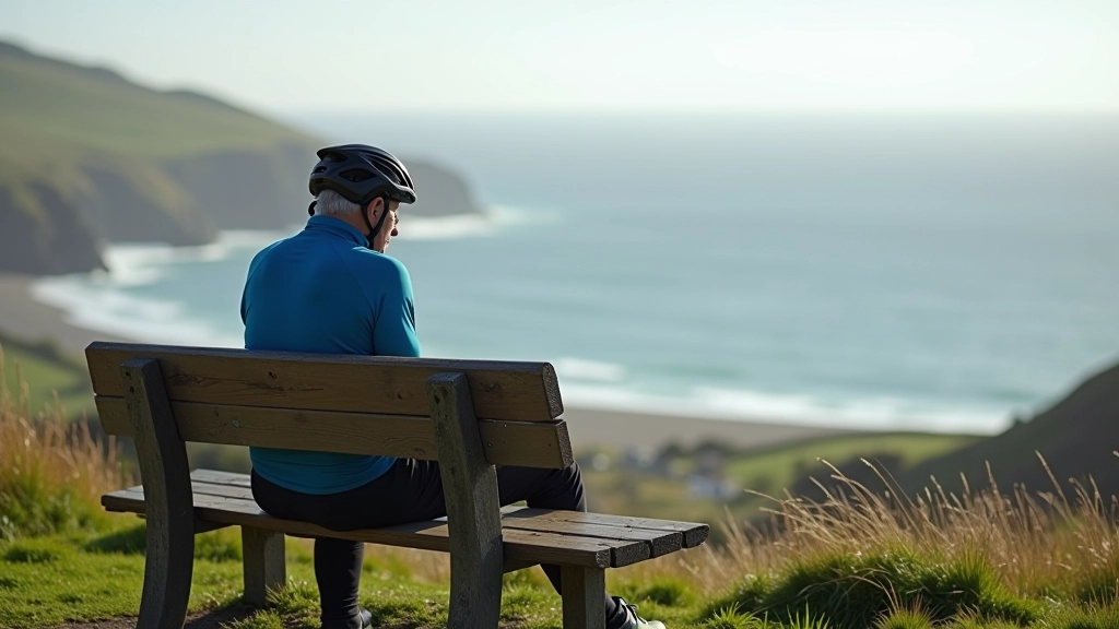 Older adult cyclist resting on a bench overlooking the Atlantic Ocean at Achill