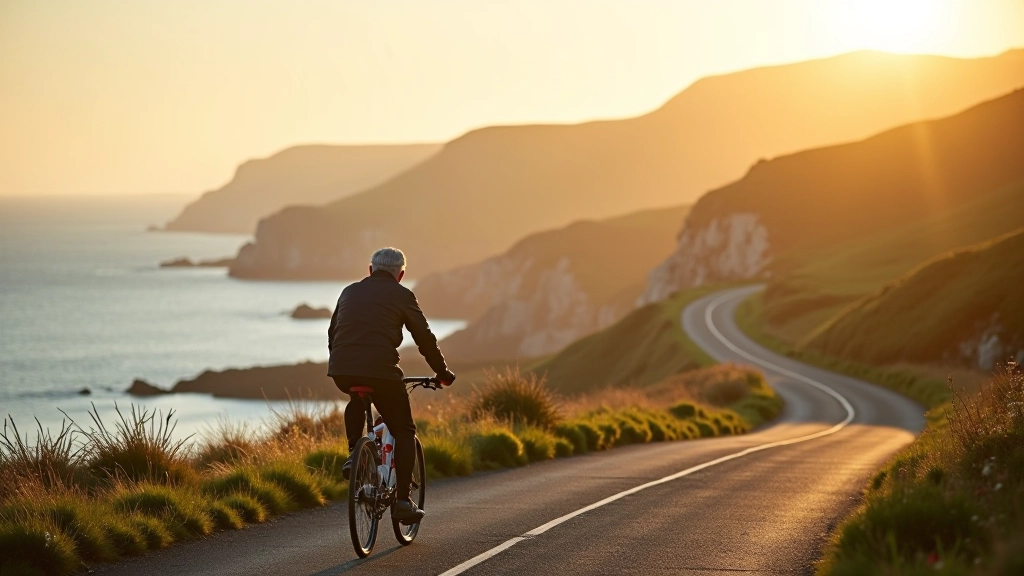 Cyclist on coastal road with Atlantic Ocean view