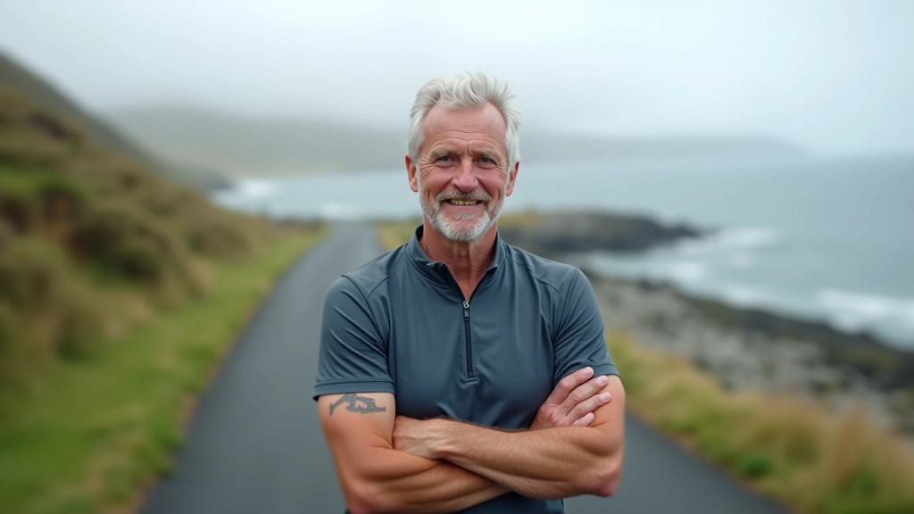 Experienced cycling guide, portrait from chest up, confident outdoor setting, natural lighting