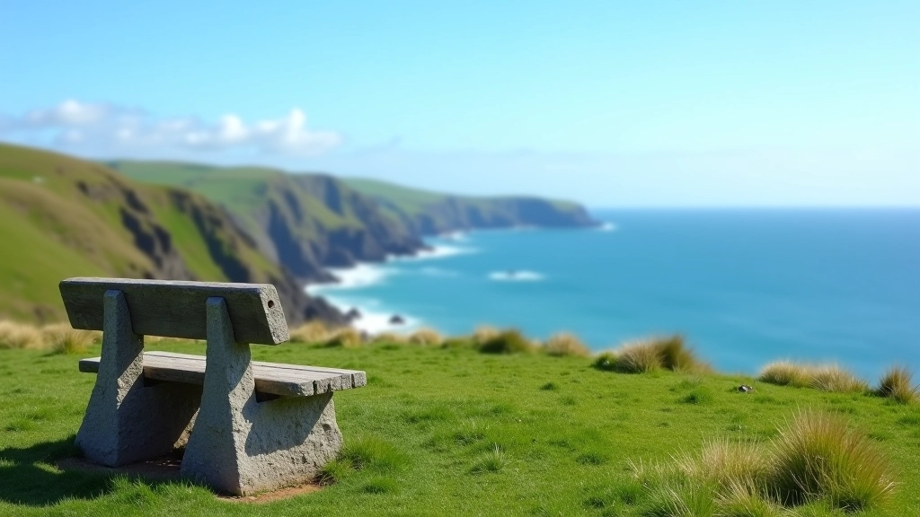 Rustic stone bench overlooking Achill Head with grassy coastal landscape and clear sky
