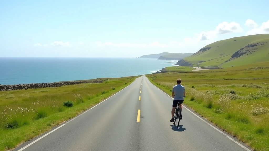 Scenic coastal road with rolling green hills and distant ocean views in Mayo